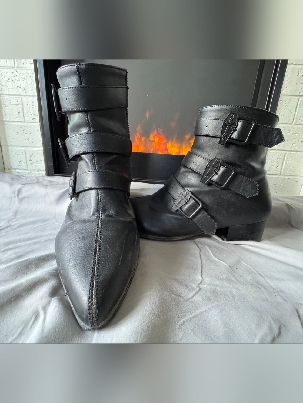Demonia Warlock-50-C Black Coffin Buckle Pointed Ankle Boots Men 9 / Women 10-11